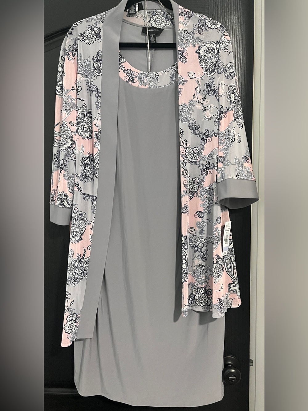 R & M Richards Gray and Pink Floral Midi Dress with Jacket